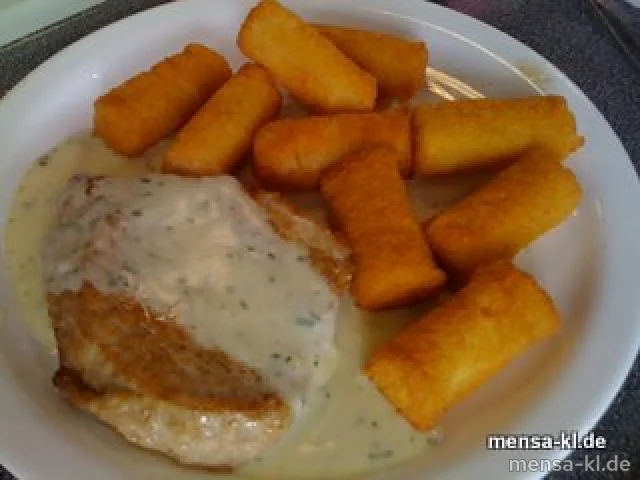 Schweinerückensteak mit Kräuterbuttersoße und Kroketten (1)