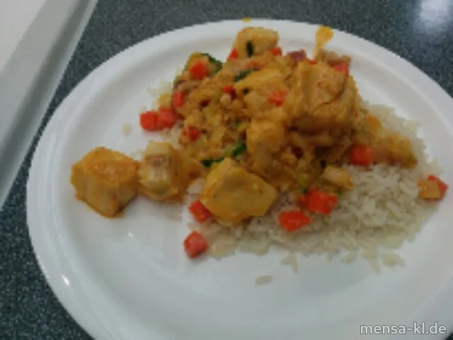 Wok: Indisches rotes Fischcurry (Kabeljau,V,V+) (Fi,Sl,Sf,Se,V,V+), Reis (V,V+)