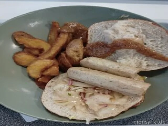 Bayerischer Burger mit veganem Weisswurst Patty (Gl,So) belegt mit Weisskrautsalat, Radieschen und süßem Senf (1,5,Sw,Sf) im Laugen Burger Bun (3,Gl), dazu Potato-Wedges