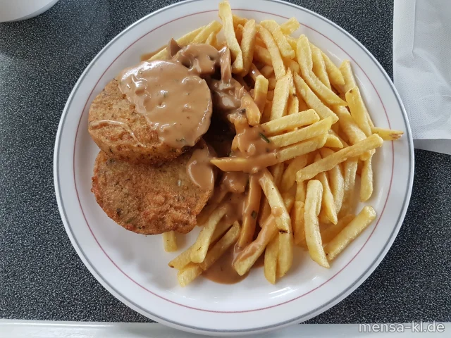 Hirse-Käse-Schnitte (Gl,Ei,La) mit Champignon-Rahmsoße (3,Gl), Pommes frites, und Salat