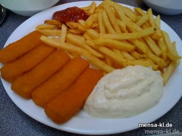 Fischstäbchen mit Remouladen-Dip (1), Pommes-Frites und Salat