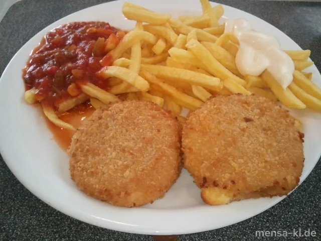 Gebackener Feta (V) mit Pusztasoße (9,V), Pommes-Frites (V) und Krautsalat (V)