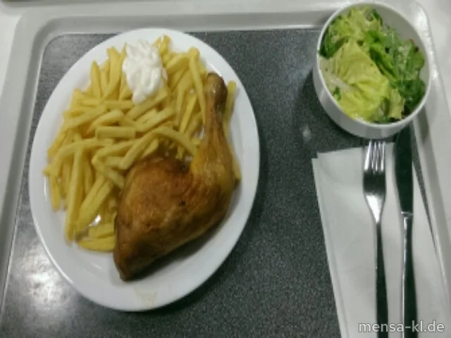 Hähnchenkeule (Sf,G) mit Pommes frites und Salat