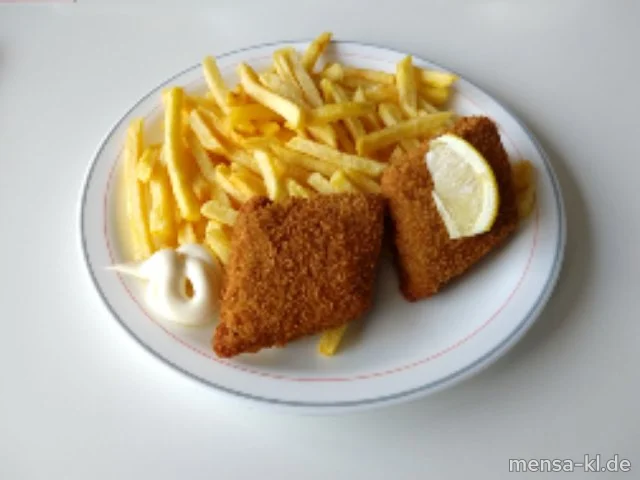 Hirse-Käse-Schnitte (Gl,Ei,La,Sl,V) mit Pommes frites (V) und Salat (V)