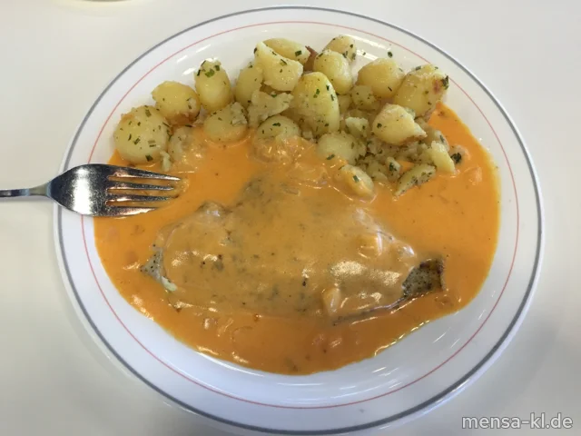 Gegrilltes Schollenfilet (Fi,Gl) mit Hummerbuttersoße (1,4,5,Fi,Gl,Kr,La,Sw,A) und Kräuterkartoffeln (Gl,La)