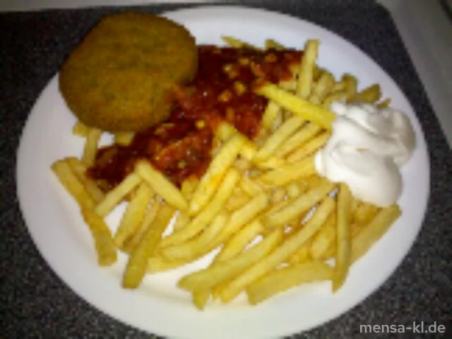 Gemüsekrustie (2,V) mit Pusztasoße (9,V), Pommes-Frites (V) und buntem Krautsalat (V)