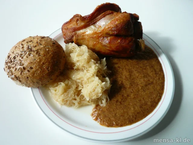Große Wiesn-Schweinshaxn (S) mit Sauerkraut (5,Sw,A) und einer Kümmel-Semmel (1,8,Gl,So)