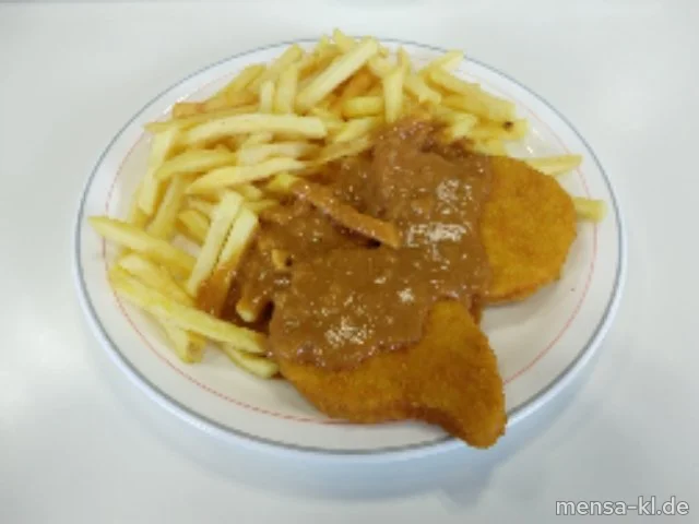 Gemüsekrustie (Gl,Ei,La,Sl,V) mit Zwiebel-Rahmsoße (La,V), Pommes frites (V) und Salat (V)