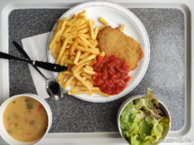 Paniertes Schweineschnitzel (Gl,S) mit Paprika-Tomatensoße (Gl), Pommes frites und Salat