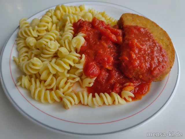 Sellerie-Knusperschnitzel (Gl,Sl) mit Tomaten-Basilikum-Soße, Fusilli (Gl) und Salat