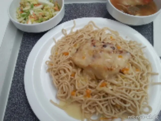Mariniertes Hokifilet (F,Lfrei) mit Limetten-Zitronengrassoße (3,Lfrei), Gemüse-Mie-Nudeln (Lfrei) und Chinakohl (Lfrei)