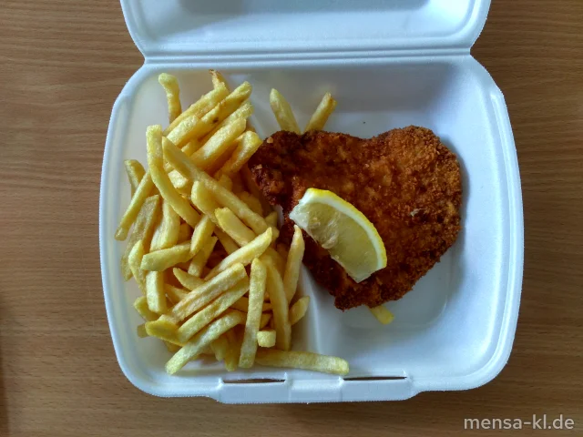 Paniertes Schweineschnitzel "Wiener Art" (Gl,S), Zitrone und Pommes frites