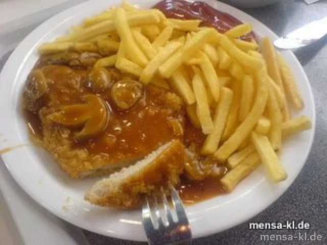 Paniertes Schnitzel (S) "Jäger Art" mit Pommes-Frites und Salat
