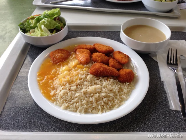 Hähnchencrossies (G,Lfrei) mit Mango-Chili-Dip (Lfrei), Reis (Lfrei) und Salat (Lfrei)