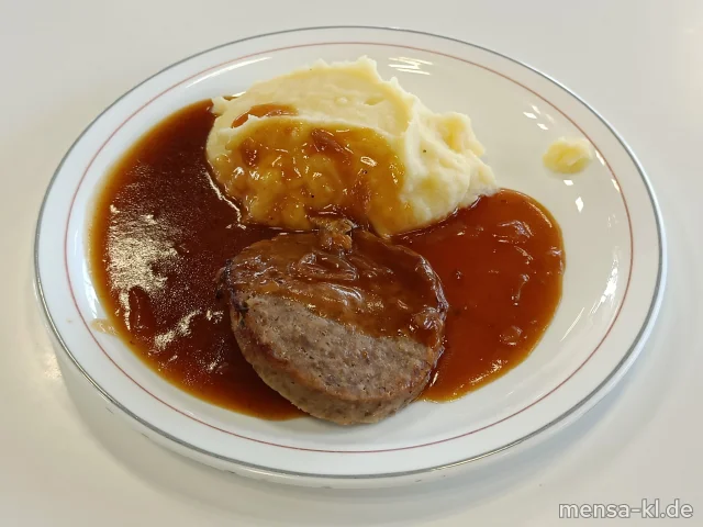 Pfälzer Frikadelle (BIO Fleisch vom Bärenbrunnerhof) (Gl,Ei,R,S), Bratensoße, Kartoffelstampf (5,La,Sw) und Endiviensalat