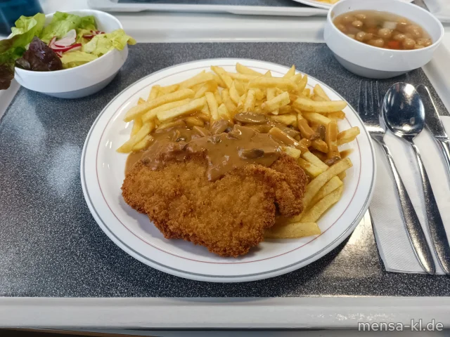 Paniertes Schweineschnitzel (Gl,Ei,S) mit Champignon-Rahmsoße (Gl,La), Pommes frites und Salat