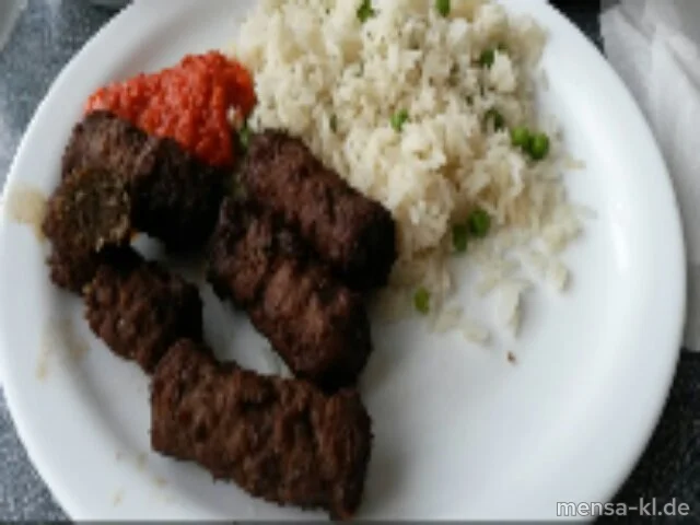 Cevapcici (Ei,So,R) mit Ajivar-Dip, Erbsen-Reis (1) und Salat (1,3,5,Sw)