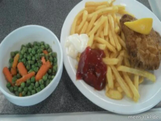 Paniertes Schweineschnitzel "Wiener Art" (Gl,S) mit Pommes frites und Erbsen-Karotten-Gemüse (1,Gl,La)