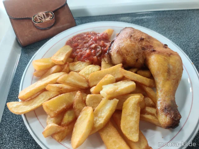 Gebratene Hähnchenkeule (Sf,G) mit Mexikana-Salsa, Steakhouse-Fries und Weißkrautsalat &quot;Coleslaw&quot; (1,5,Sw,Sf)