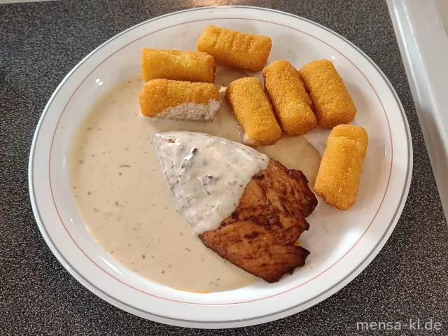 Truthahnfilet (G) mit Frischkäsekräutersoße (2,Gl,La), Kroketten (Gl) und Salat