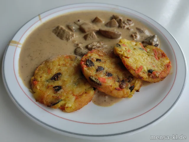 Karotten-Kürbiskern-Rösti (Gl,Sl), dazu Waldpilzpfanne (Gl,So) und einen Beilagensalat nach Wahl