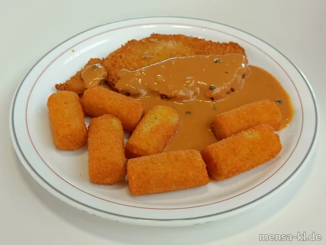 Paniertes Schweineschnitzel (Gl,Ei,S) mit Pfefferrahmsoße (Gl,La,Sf), Kroketten (Gl) und Salat