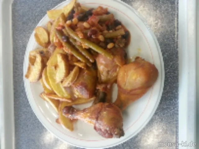 Gebackene Chicken Drums (Sf,G) mit mexikanischem Bohnengemüse (Gl,La,Sl,So) und Potato-Wedges