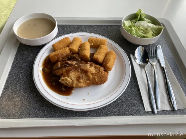Paniertes Schweineschnitzel (Gl,Ei,S) "Jäger Art" (Gl) mit Kroketten (Gl) und Salat