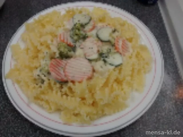 Gemüsegulasch mit Frischkäsekräutersoße (2,Gl,La,Gt,V), Eiernudeln (1,Gl,Ei,V) und Salat (V)