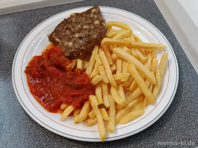 Bifteki (Rinderhack-Medaillons mit Hirtenkäse gefüllt) (Ei,La,R) mit Pusztasoße (9,Sl), Pommes frites und Salat (1,5,Sw)