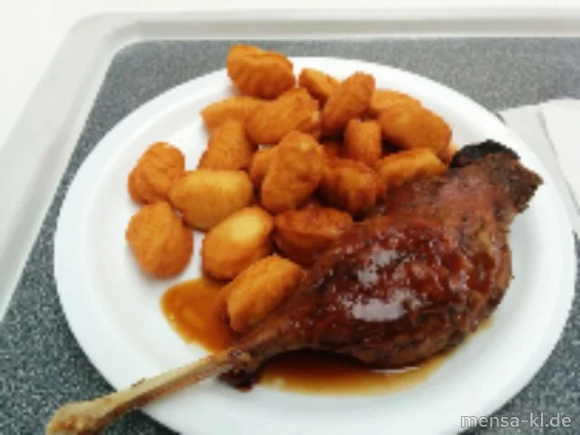 Geschmorrte Gänsekeule (5,Gl,Sw,A,G) mit Pommes dauphines (Ei,La)