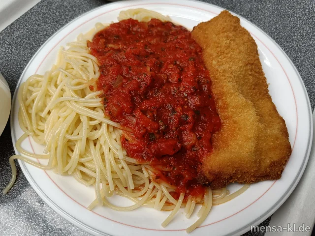 Paniertes Hähnchenbrustfilet (Gl,G) mit Tomaten-Basilikumsoße, Spaghetti (1,Gl) und Salat