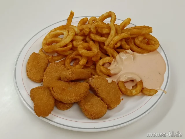 Vegane Nuggets (Gl,Sf) mit Cocktail-Dip (5,Sw,Sl,Sf), Twisterpommes (Gl) und Salat