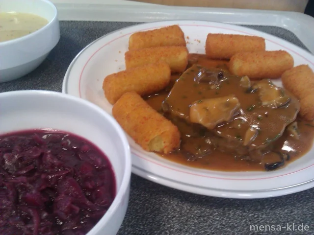 Hackbraten (S/3/4) mit Pilzsoße, Kroketten (1) und Rotkohl