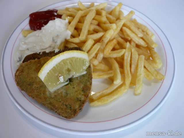 Broccoli-Nussecke (Gl,Nu,Ei,La,V) mit Remouladen-Dip (9,Gl,Ei,La,Sf,So,V), Pommes frites (V) und Salat (V)